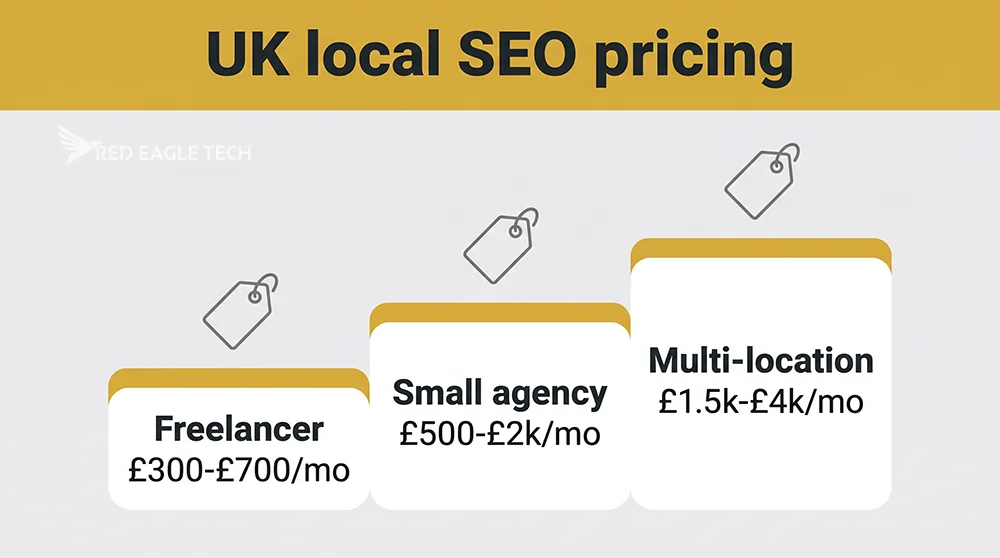 UK local SEO pricing tiers 2026: freelancer £300-£700/mo, small agency £500-£2k/mo, multi-location £1.5k-£4k/mo