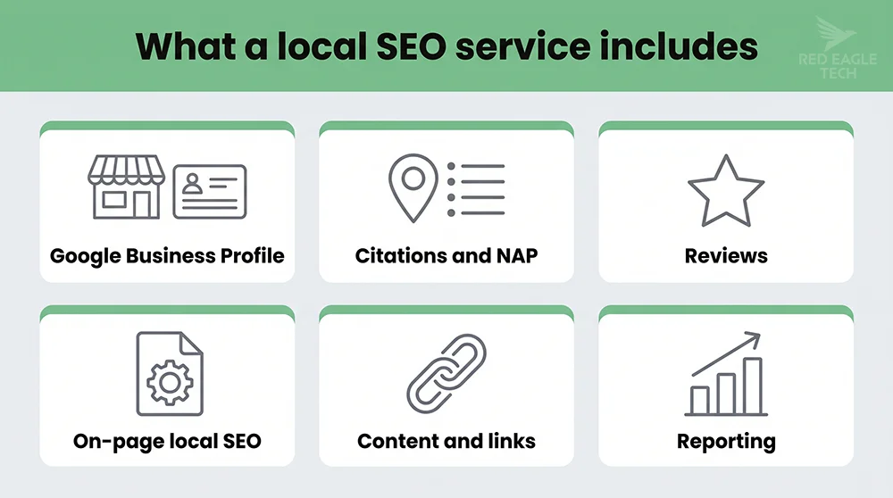 The six deliverables of a credible local SEO service: GBP, citations, reviews, on-page SEO, links and reporting
