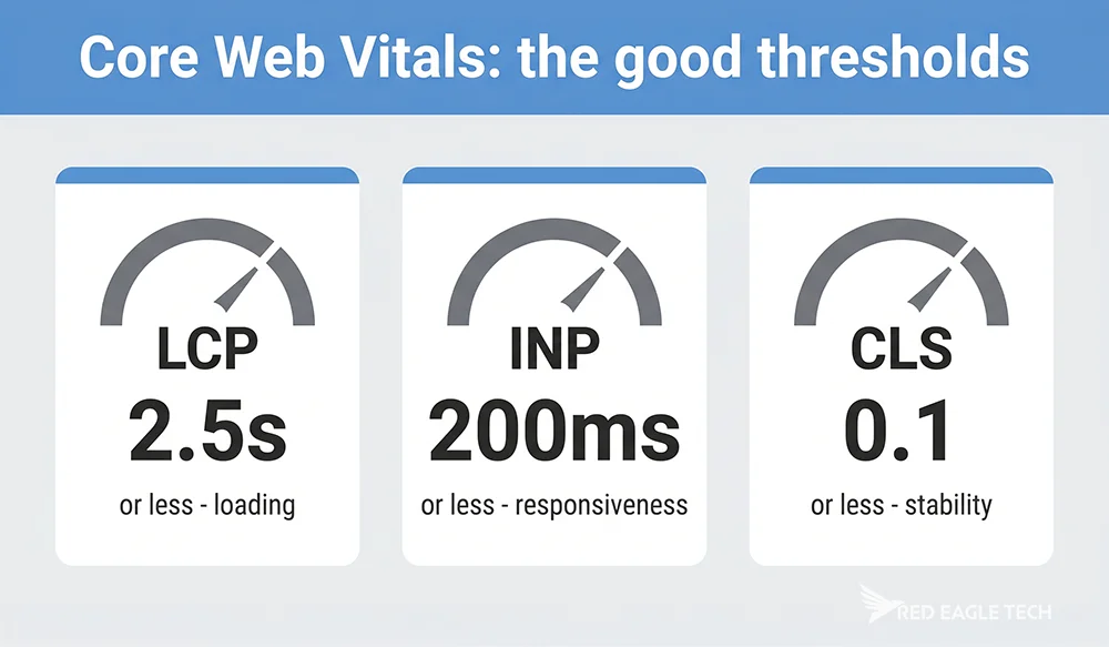 Core Web Vitals good thresholds: LCP under 2.5s, INP under 200ms, CLS under 0.1