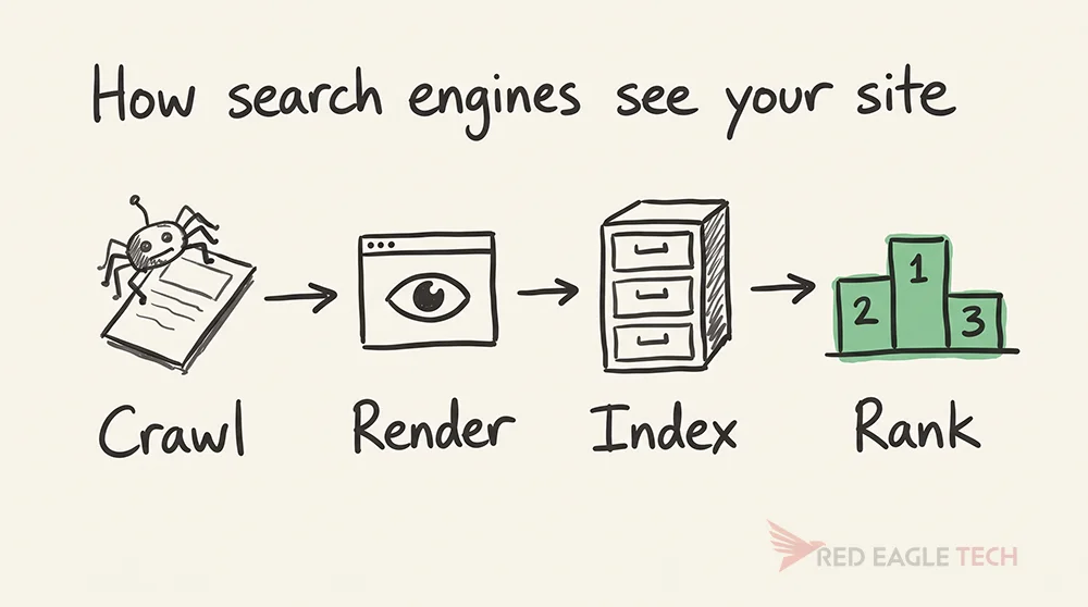 Hand-drawn flow: a search engine crawls, renders, indexes and then ranks a web page