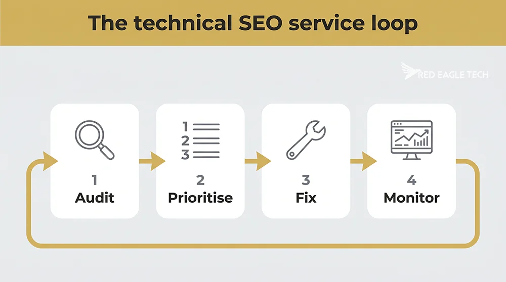 The technical SEO service loop: audit, prioritise, fix, then monitor