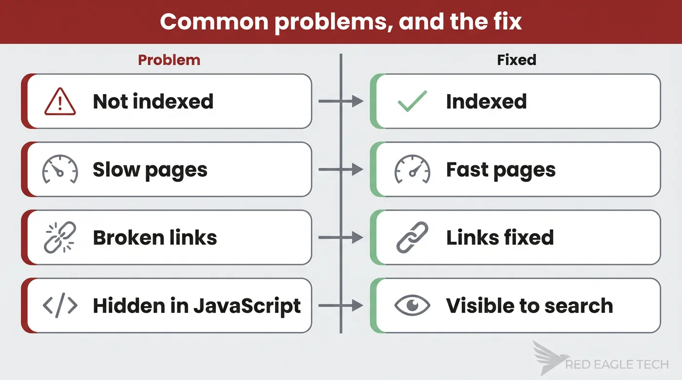 Common technical SEO problems on the left mapped to their fixes on the right