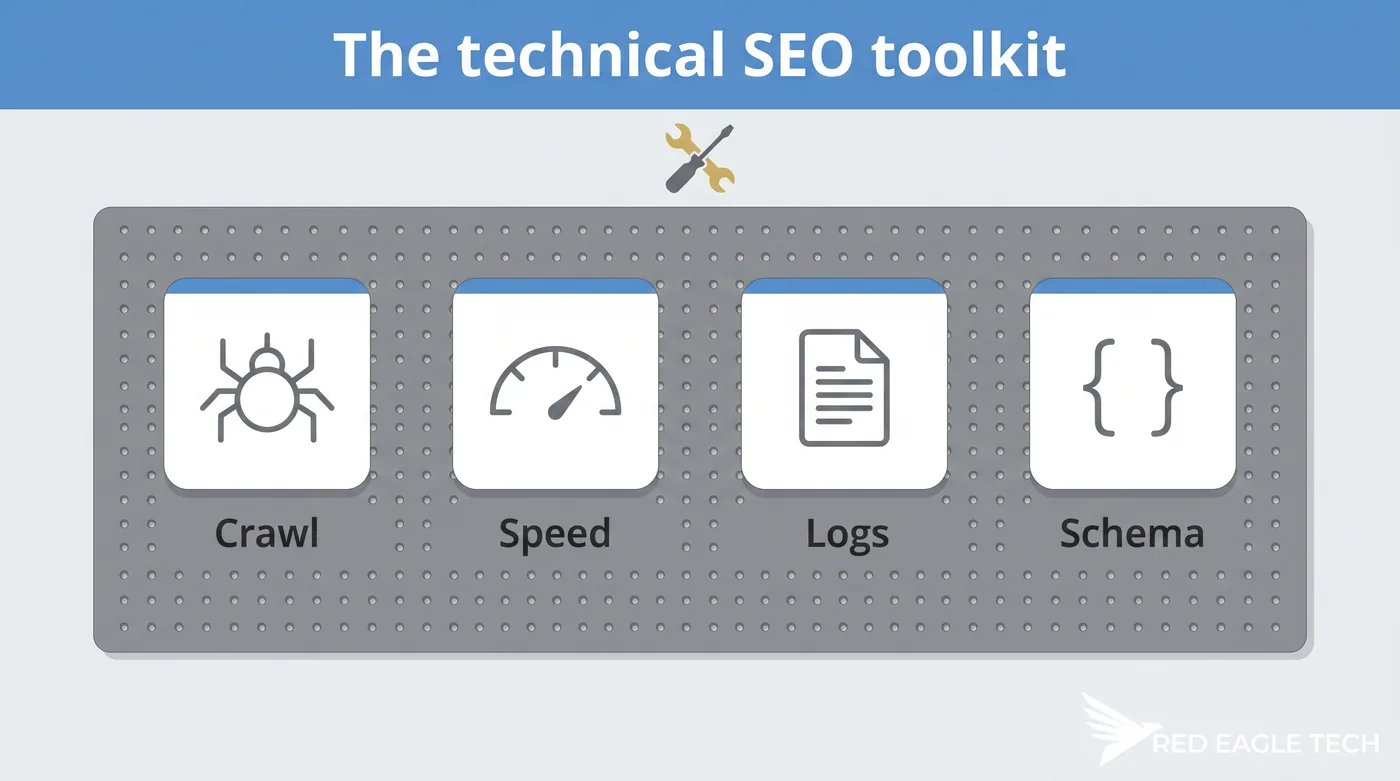 A technical SEO toolkit: crawlers, Search Console, speed tools, log analysers and schema validators grouped by job
