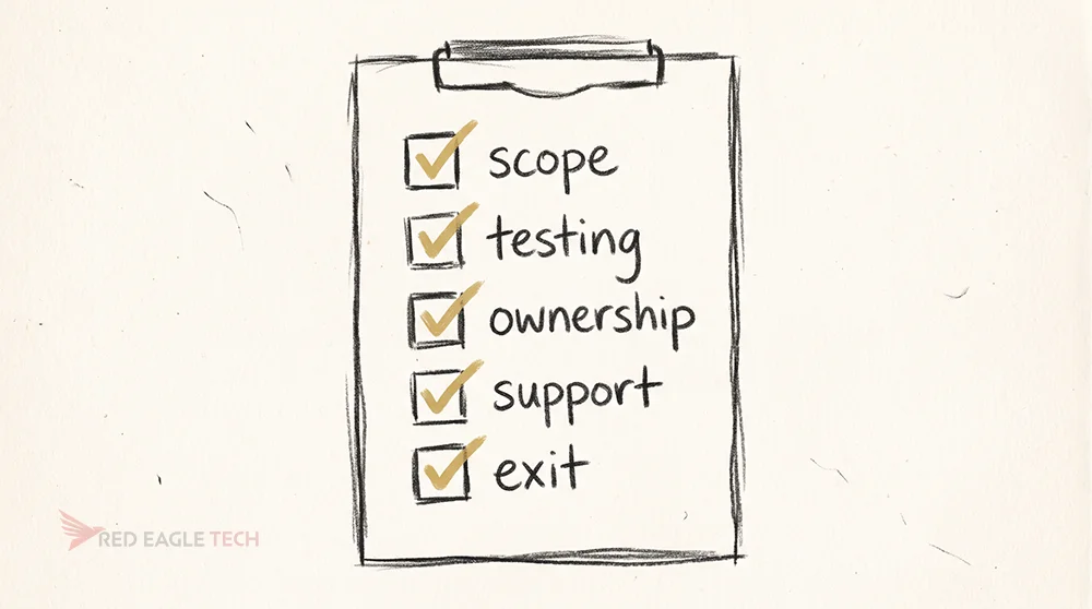 A hand-drawn checklist for choosing a WordPress care plan: scope, testing, ownership, support, exit