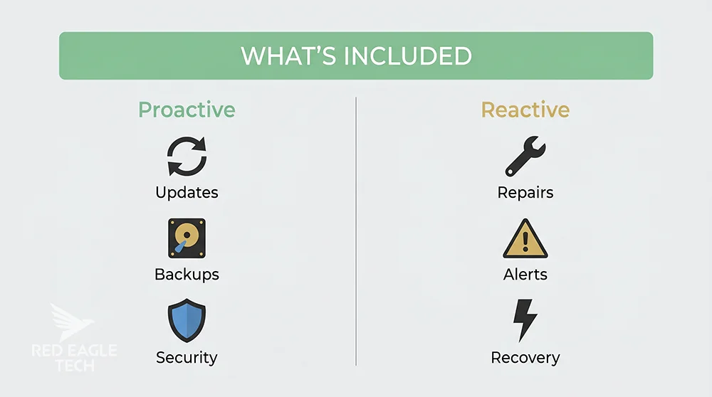 WordPress care plan inclusions split into proactive scheduled tasks and reactive incident fixes