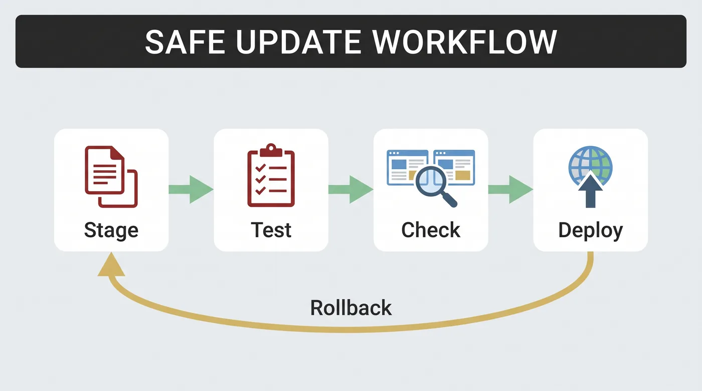 Safe WordPress update workflow: stage a copy, test for conflicts, visual-regression check, then deploy with a rollback ready