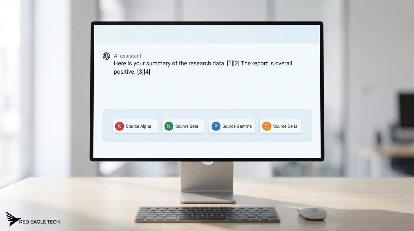An AI answer citing several source websites, shown on a monitor