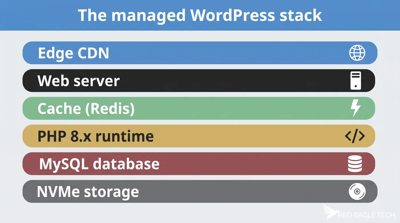 Technical stack diagram showing caching, CDN, PHP and container layers in managed WordPress hosting