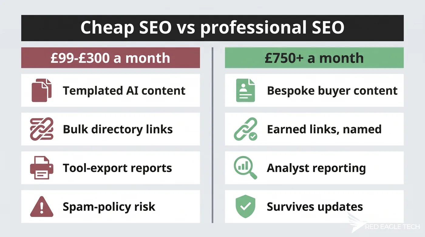 Comparison: cheap SEO's templated content and bulk links against professional SEO's bespoke strategy and earned links