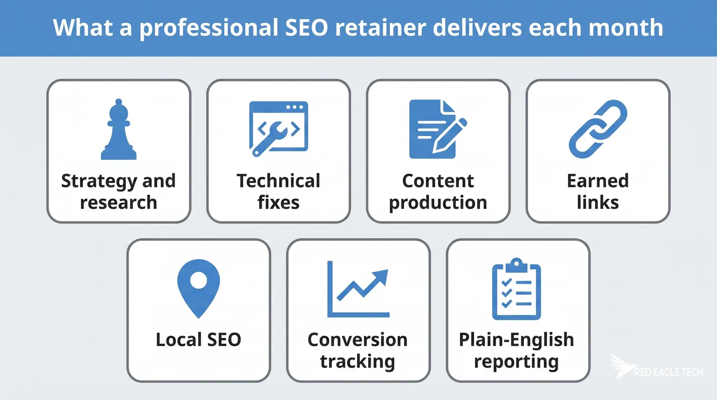 Infographic: the seven monthly deliverables of a professional SEO retainer, from strategy to reporting