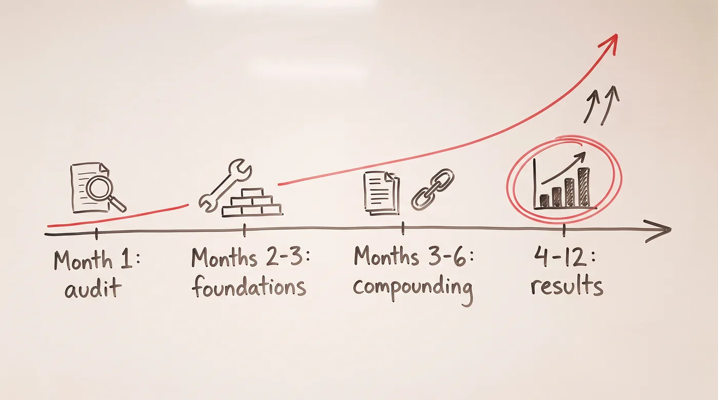 Hand-drawn timeline of an SEO engagement: month one audit, foundations, compounding, results at four to twelve months