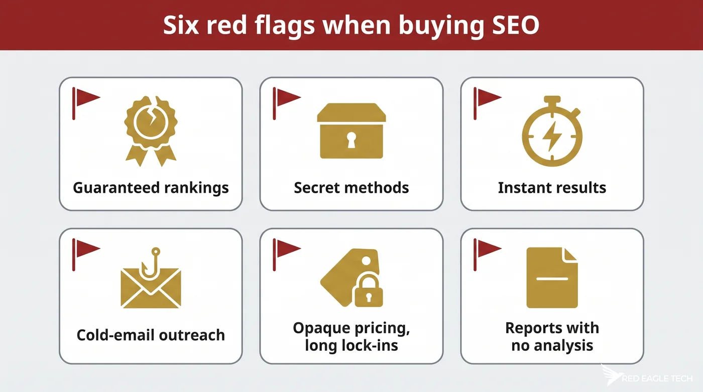Infographic: six red flags when buying SEO, from guaranteed rankings to reports without analysis