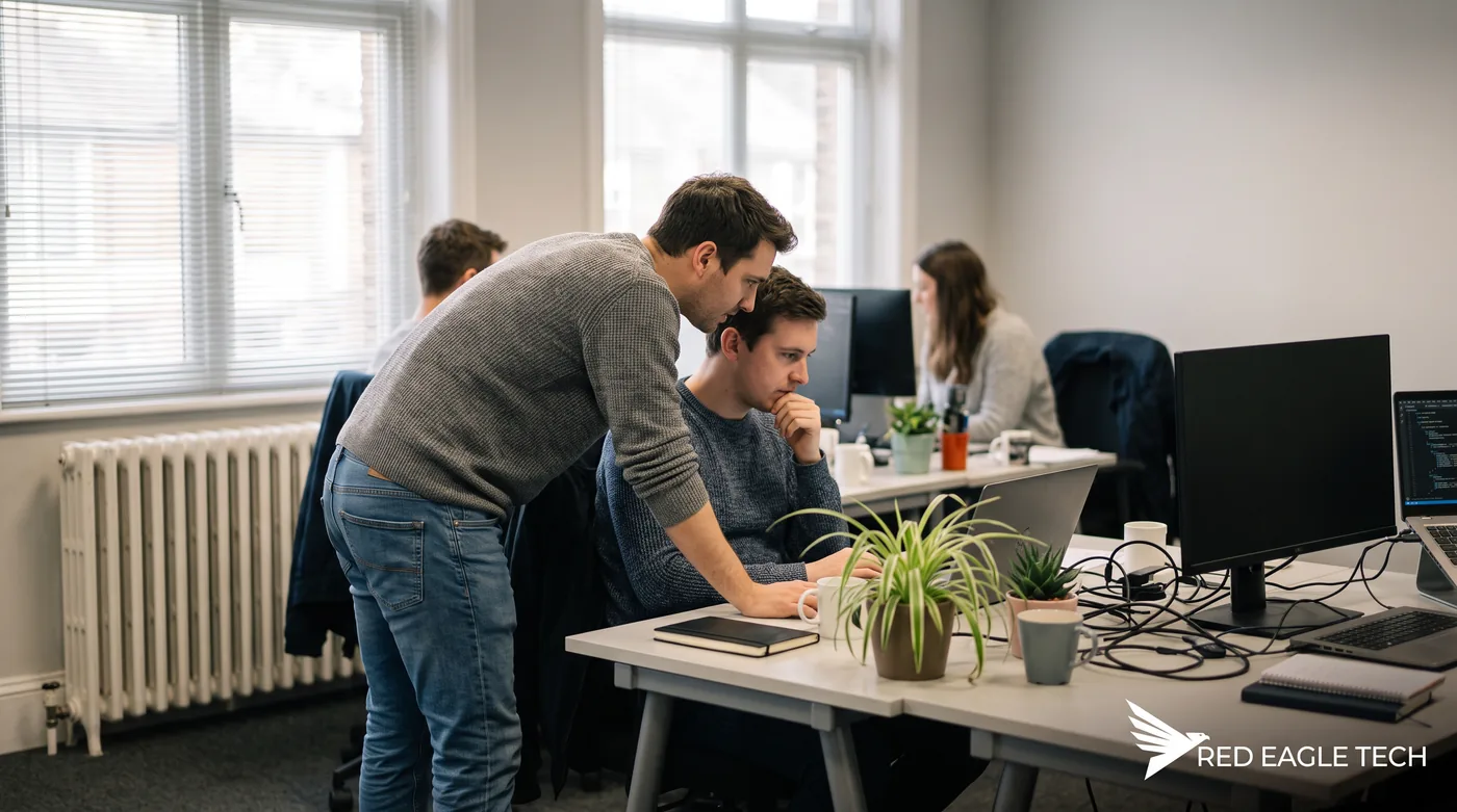 A small UK office team working at desks - weighing the cost of hiring in-house IT against outsourced support