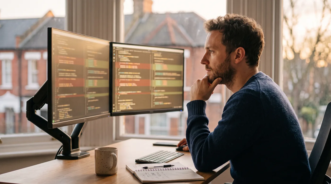 Engineer reviewing a staged website update before it is deployed to production