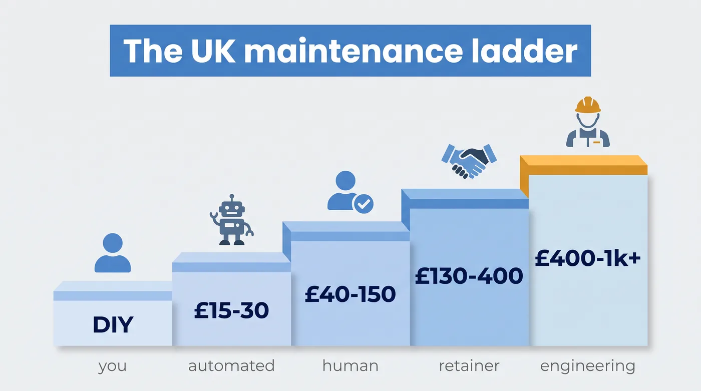 The 2026 UK website maintenance price ladder from DIY to £1k+ engineering-led care