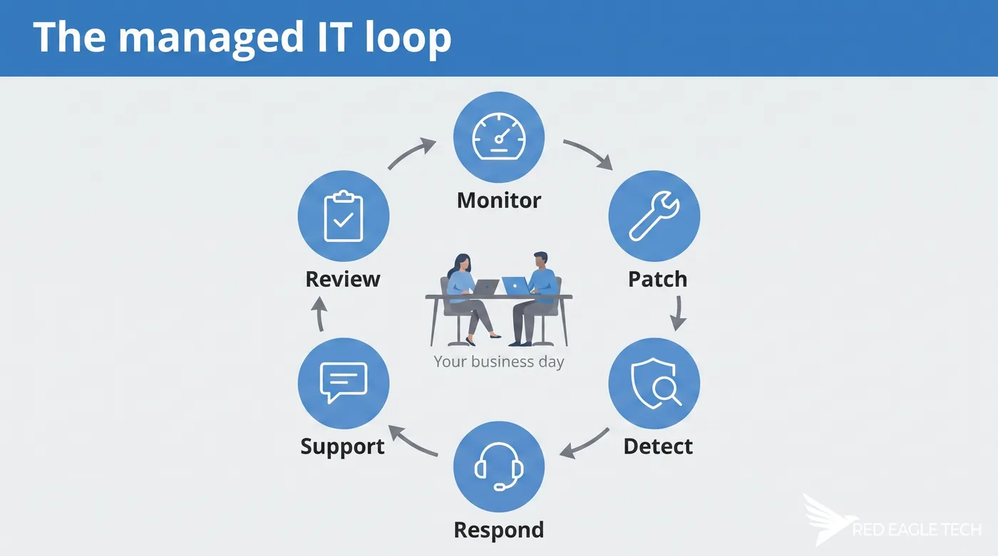 How managed IT support works day to day - the monitor, patch, detect, respond, support and review loop