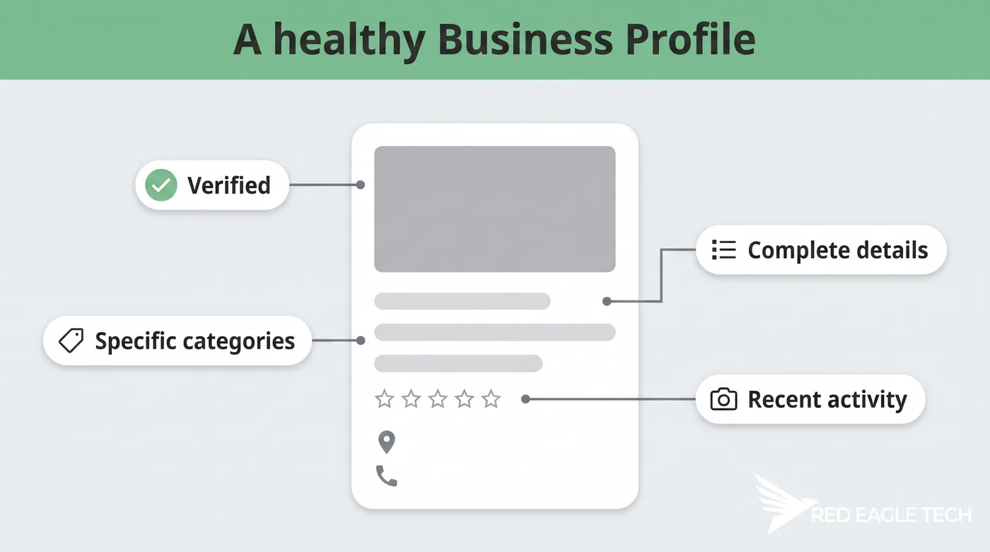 What a healthy Google Business Profile looks like: verified, specific categories, complete fields and recent activity