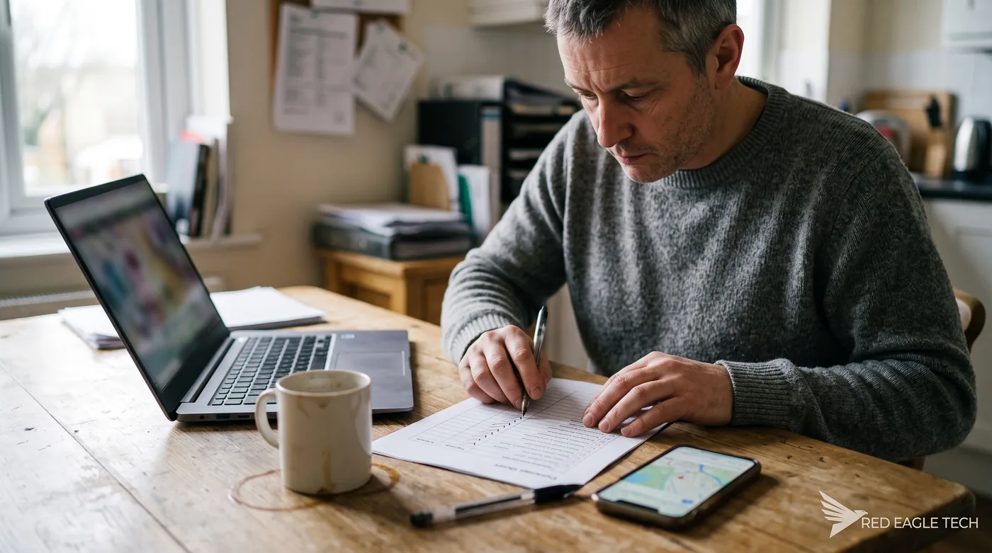 Business owner running a local SEO audit at a laptop with a printed checklist and notes