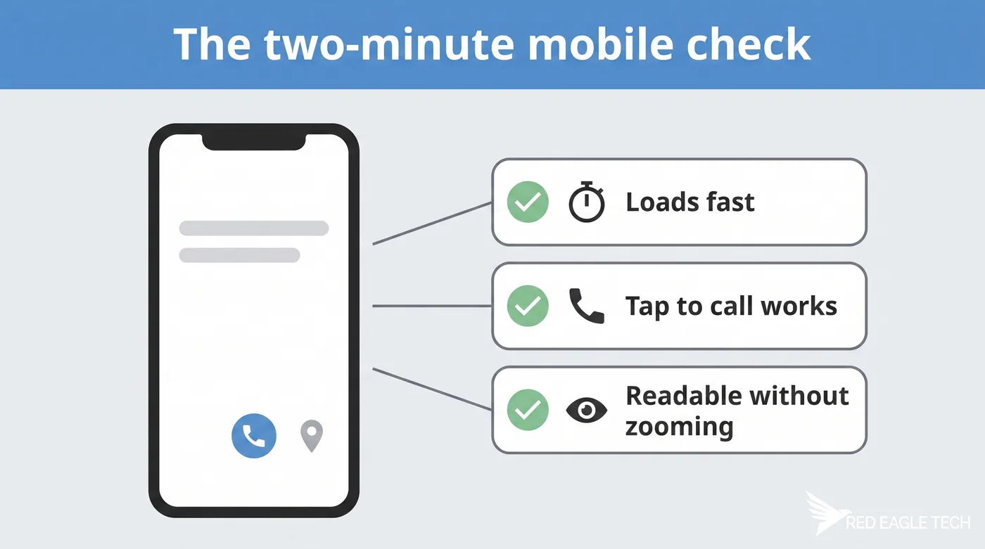 The two-minute mobile check: loads fast, tap to call works and readable without zooming