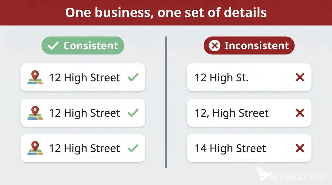 NAP consistency done right and wrong: identical name, address and phone details across directories vs mismatched listings