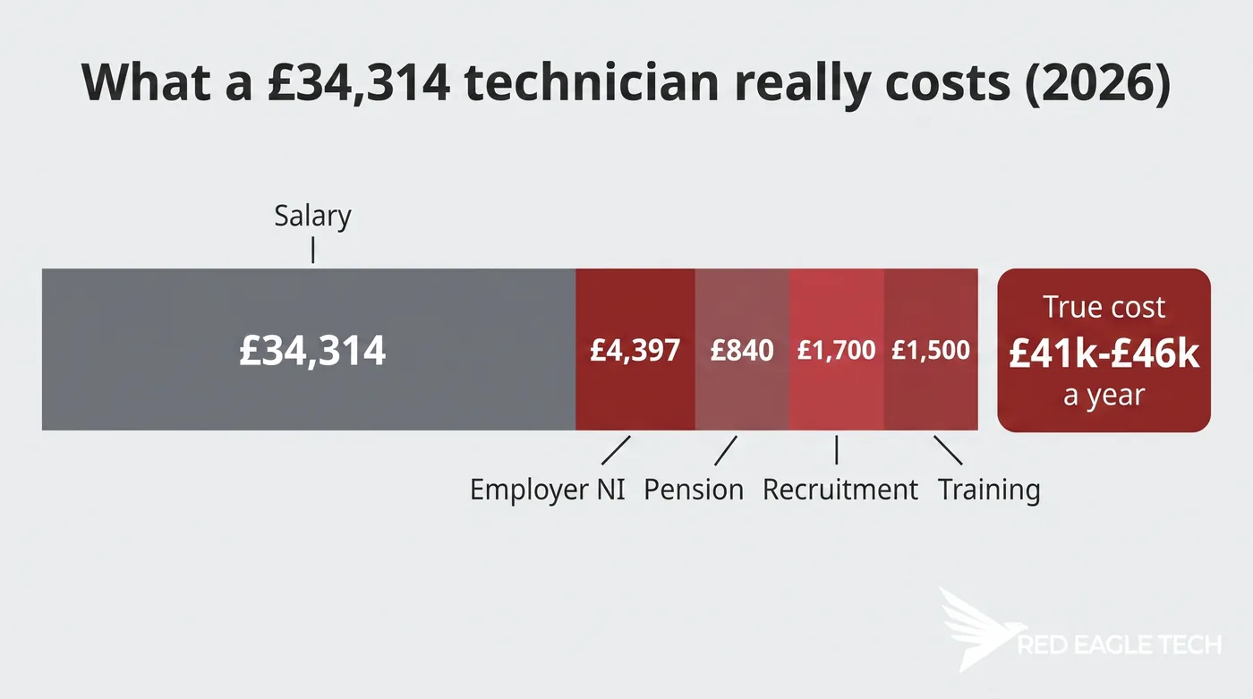 Stacked build-up from £34,314 salary to £41k-£46k true annual cost of an in-house IT technician in 2026