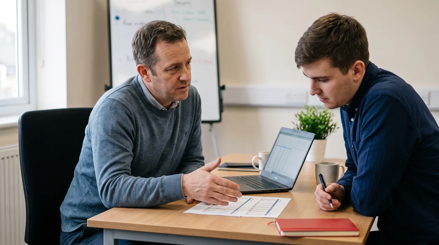 A UK business owner and their IT lead reviewing support options together at a desk