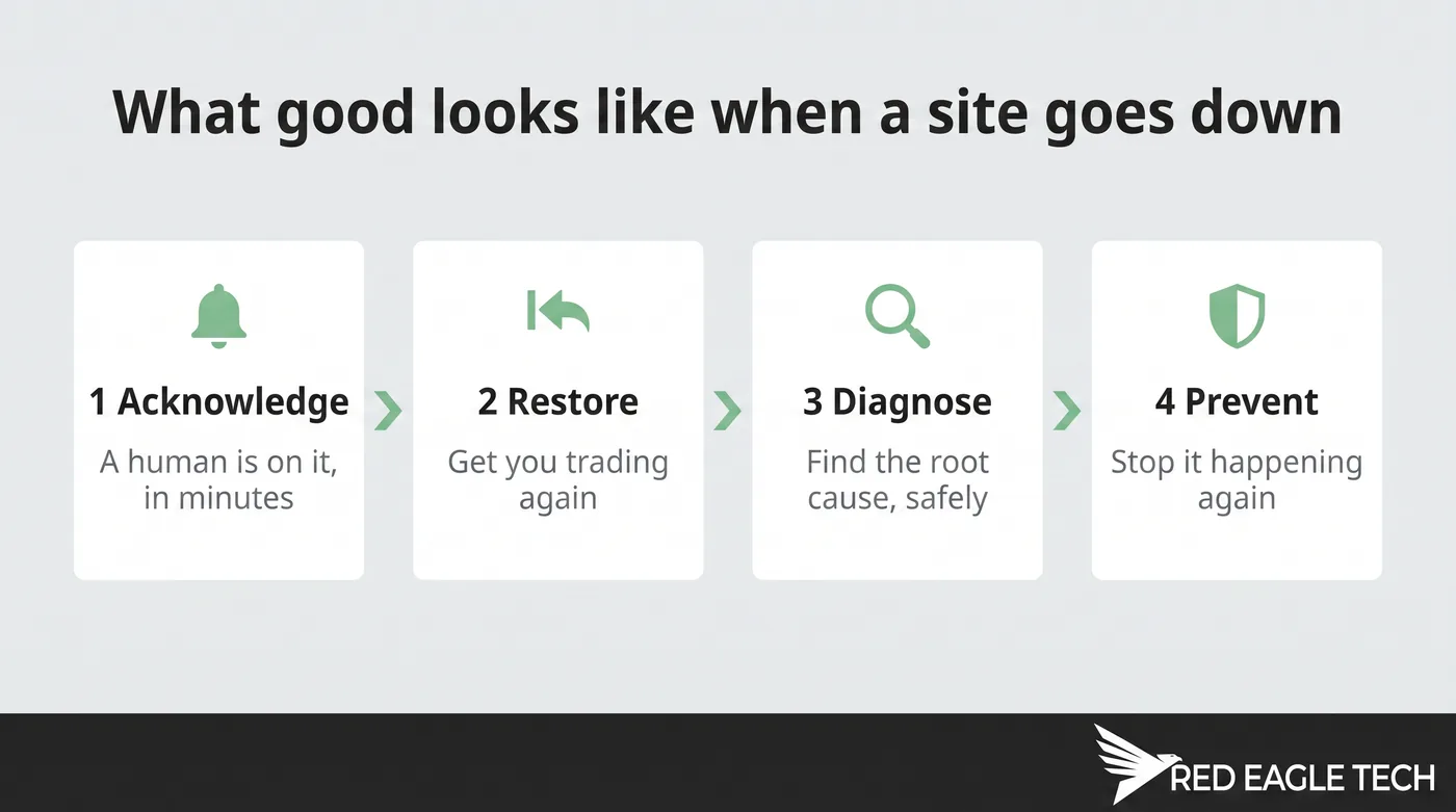The four steps of good site-down support - acknowledge, restore, diagnose, prevent