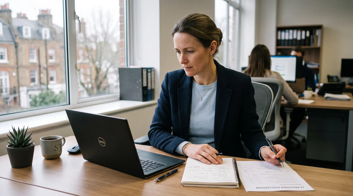 A UK business owner at her desk evaluating IT support providers against a printed checklist