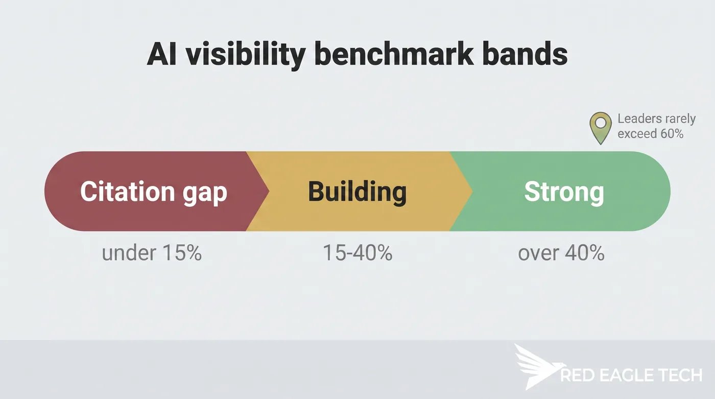 AI visibility benchmark bands: under 15% a citation gap, 15-40% building, over 40% strong, leaders rarely above 60%