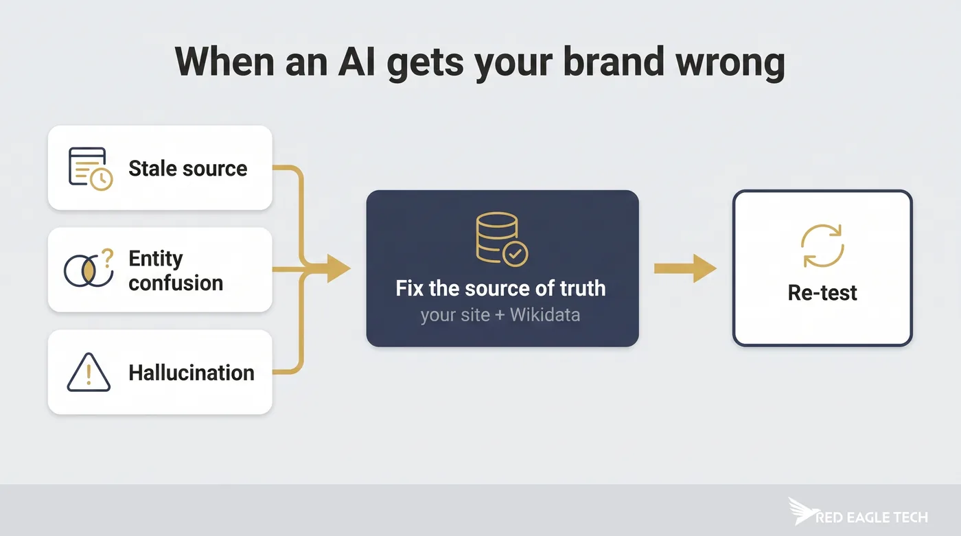 Fixing a wrong AI answer about your brand: diagnose the cause, fix your source of truth, correct high-authority sources, re-test