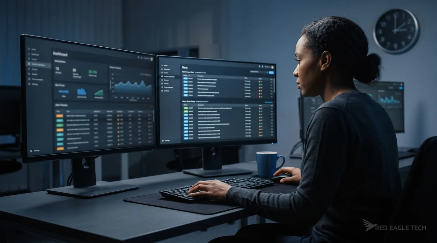 A security analyst monitoring screens overnight in a UK security operations centre