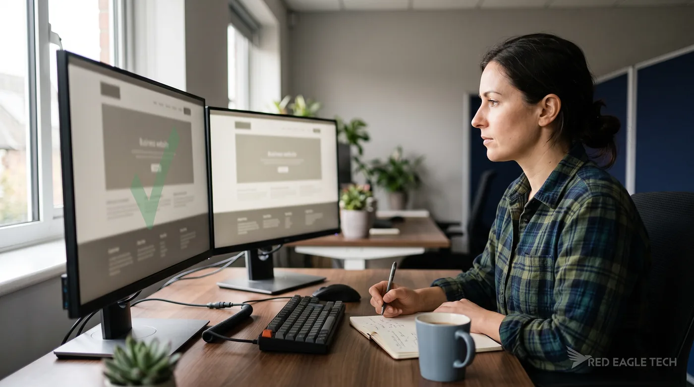 An engineer reviewing a staged website update on two screens before it is deployed to the live site