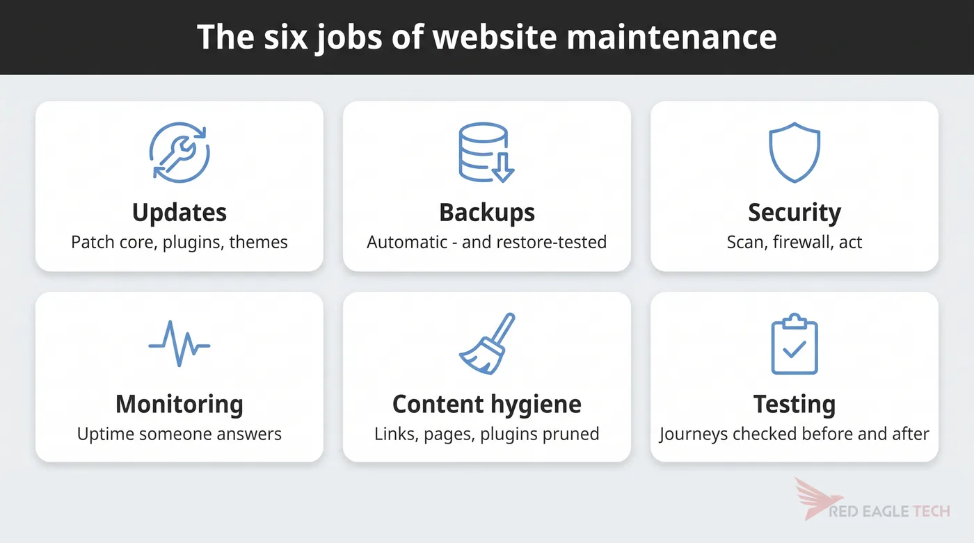 The six jobs of website maintenance: updates, backups, security, monitoring, content hygiene and testing