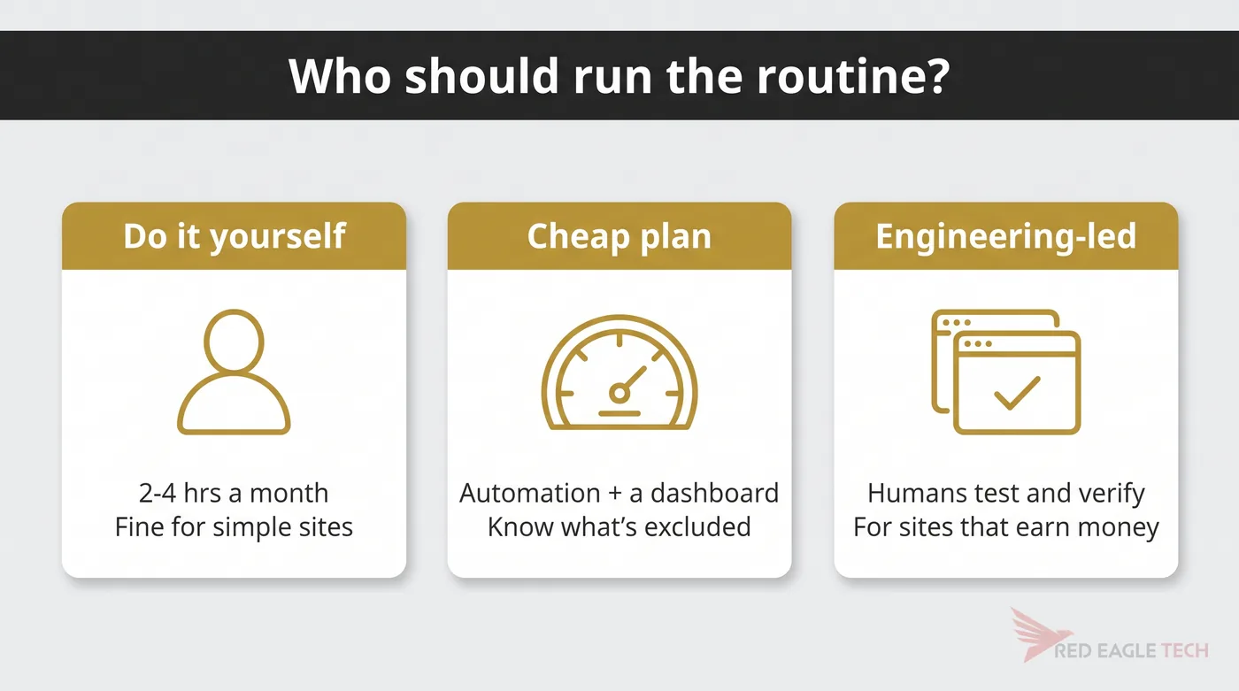 Who should run website maintenance: DIY, a cheap plan or an engineering-led plan - what each honestly offers