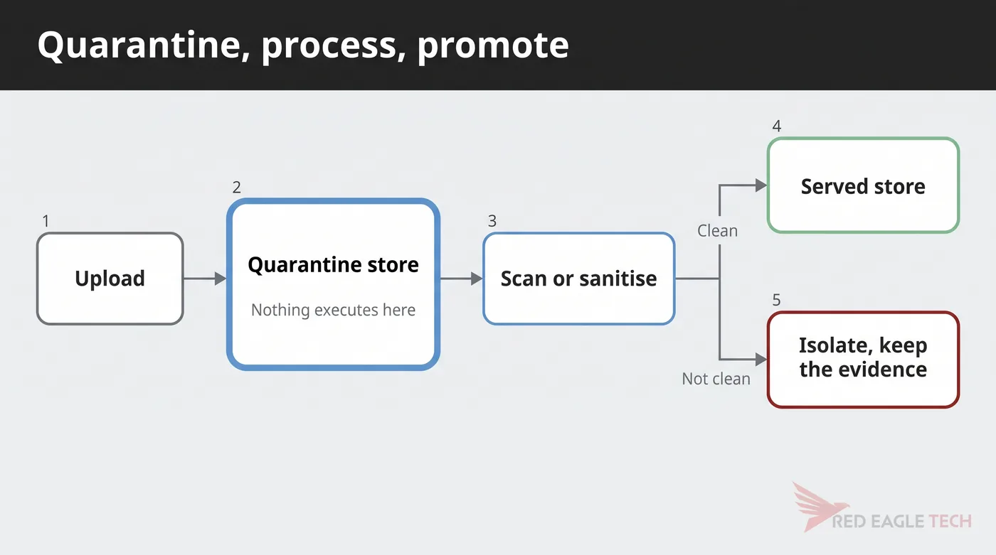 The quarantine pattern: upload to a private store, scan or sanitise, then promote the clean file or isolate it