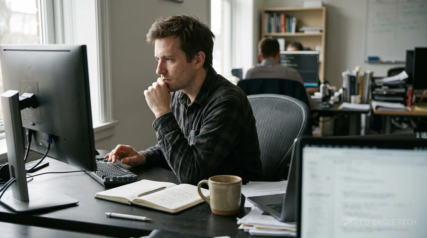 A software engineer reviewing an application's file upload pipeline at their desk