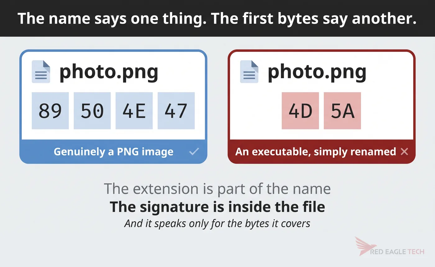 Two files with the identical name photo.png, one opening with PNG signature bytes and the other with executable bytes