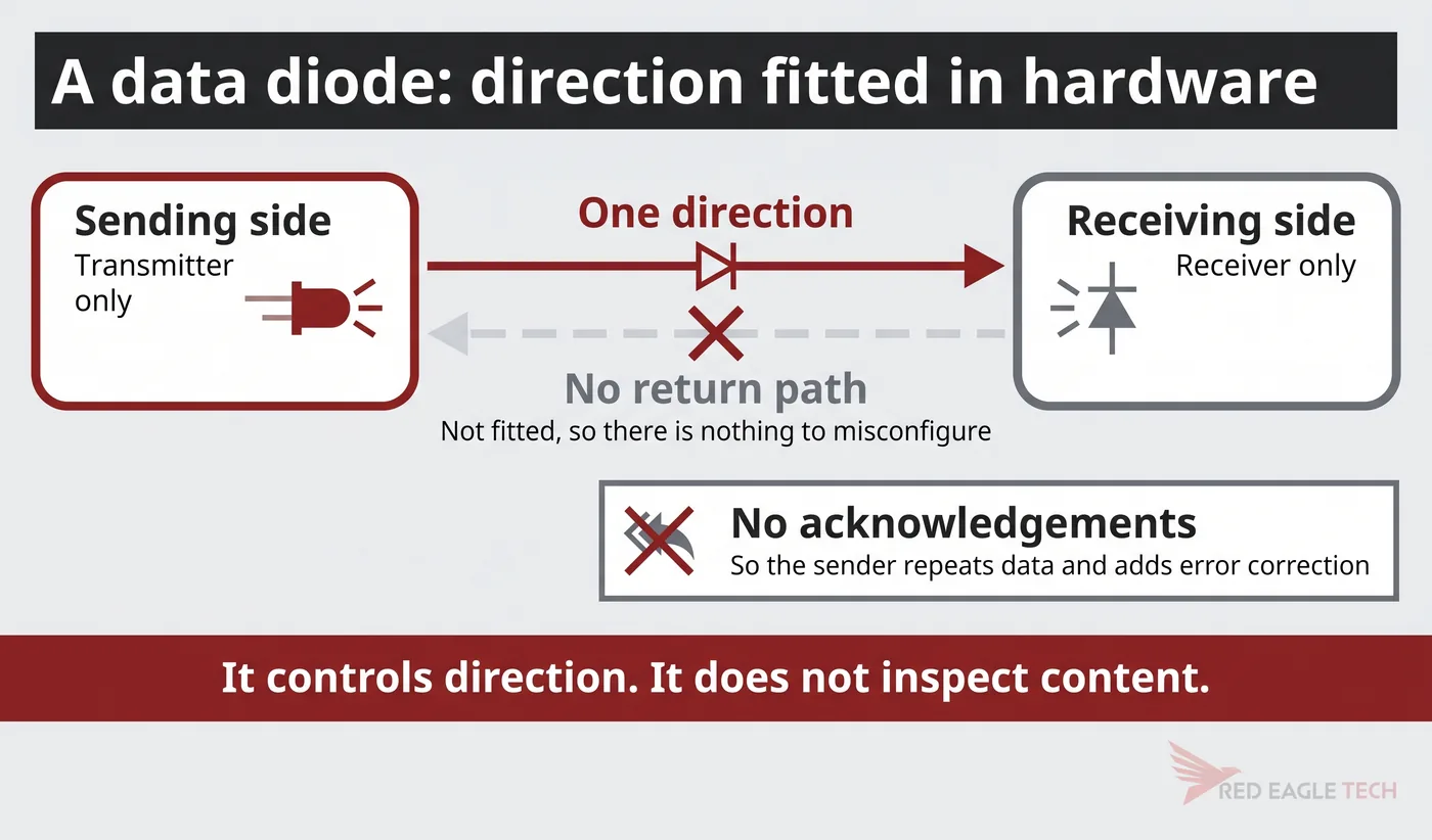 A data diode: a transmitter and receiver joined one way, with no return path fitted and no acknowledgements possible
