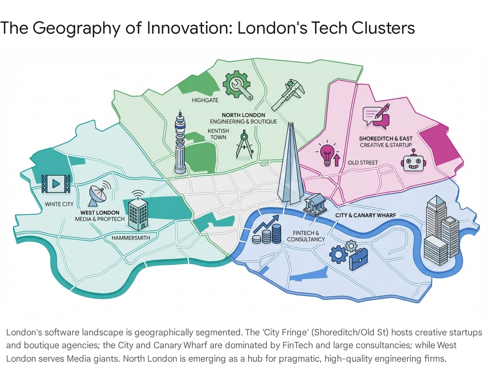 Map of London showing tech clusters: Shoreditch (startups and creative), City and Canary Wharf (FinTech and consultancy), West London (media and PropTech), and North London (engineering and boutique firms)