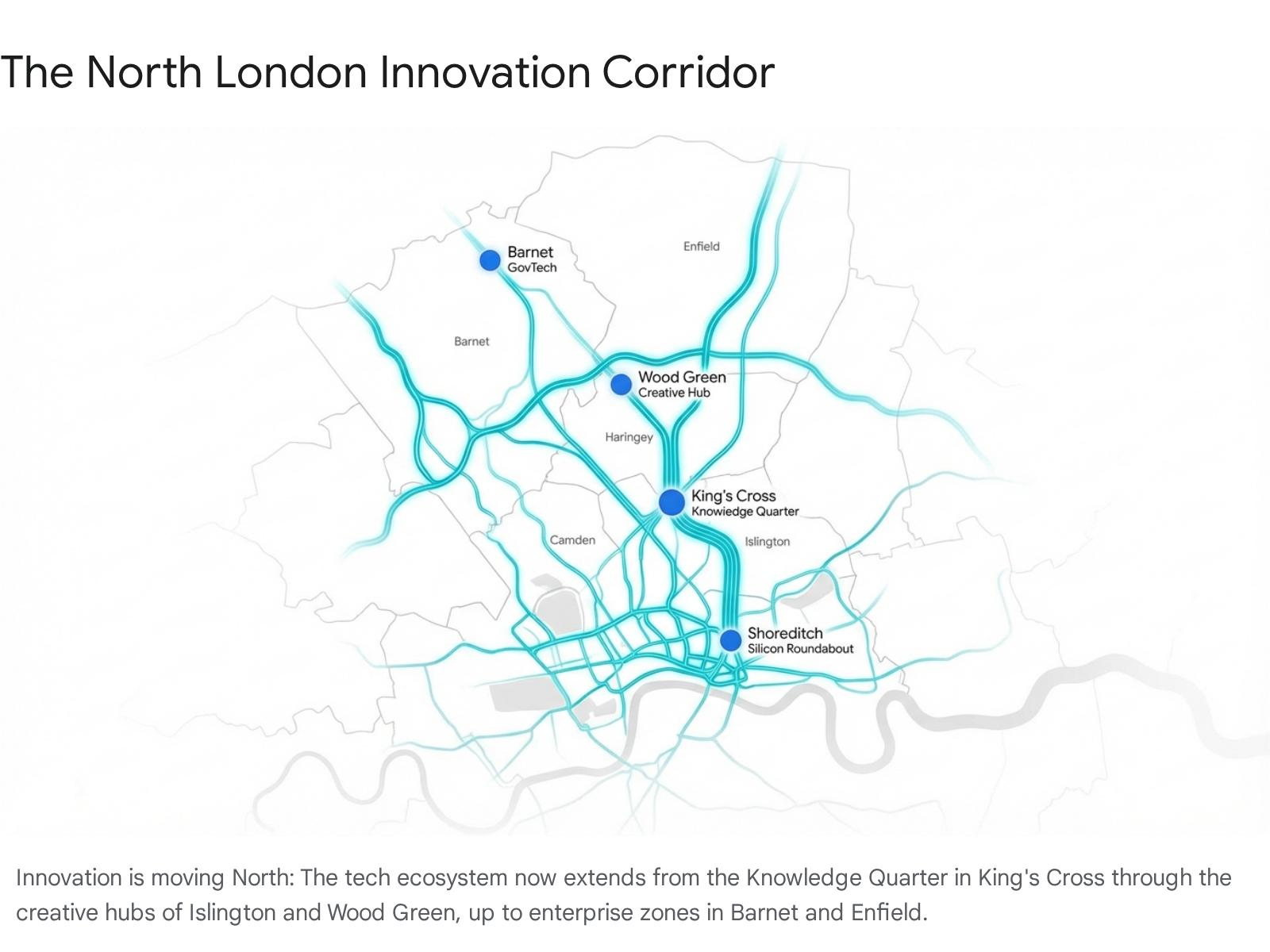 Map showing the North London Innovation Corridor from King's Cross through Wood Green to Barnet and Enfield