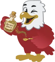 Meldrick the Red Eagle Tech mascot winking and holding a bottle of secret sauce