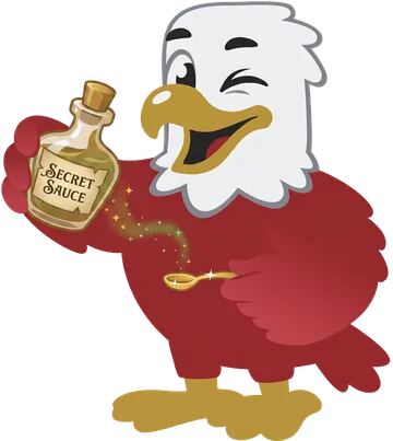 Meldrick holding a bottle labelled secret sauce