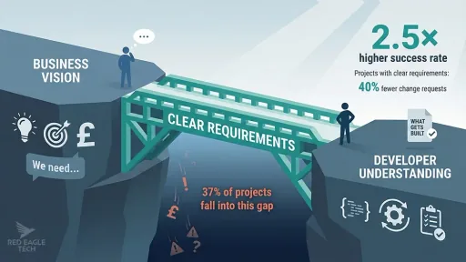 Infographic showing clear requirements bridging the gap between business vision and developer understanding