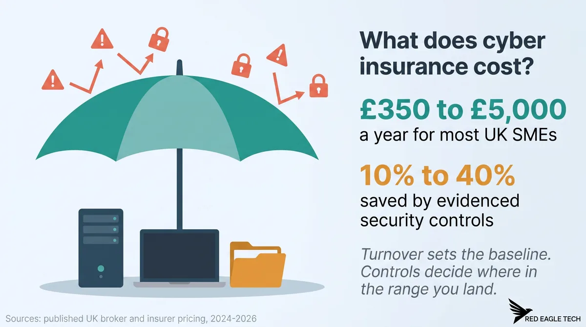 Infographic: UK cyber insurance costs; most SMEs pay £350 to £5k a year; evidenced controls cut premiums 10% to 40%