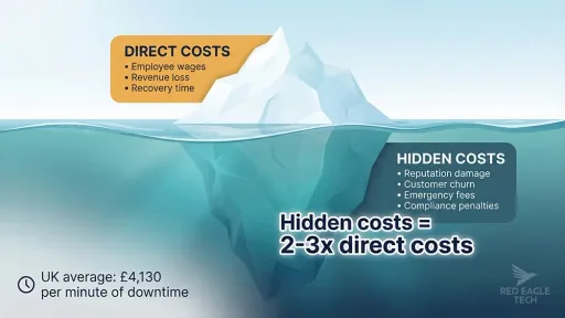Downtime cost iceberg showing direct costs above the waterline and hidden costs below