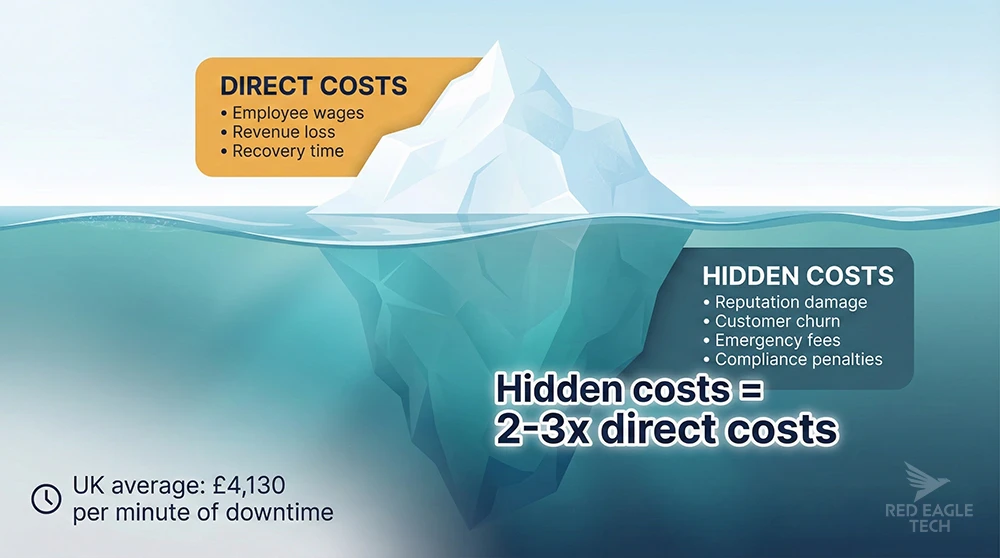 Downtime cost iceberg showing direct costs above the waterline and hidden costs below - hidden costs are 2-3x larger than direct costs