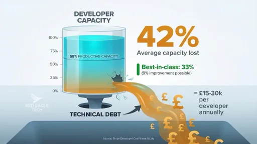 Infographic showing how technical debt drains productivity across different system age brackets