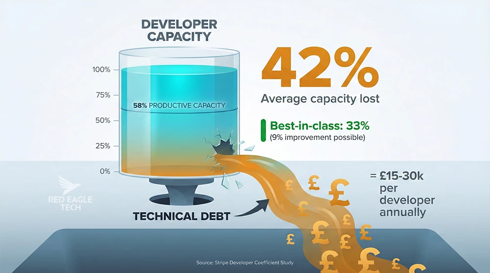 Infographic showing 42% of developer capacity draining away to technical debt, with best-in-class teams at 33% - costing £15-30k per developer annually