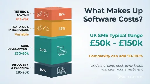 Infographic showing software cost components: Discovery and Planning, Core Development, Features and Integrations, and Testing and Launch
