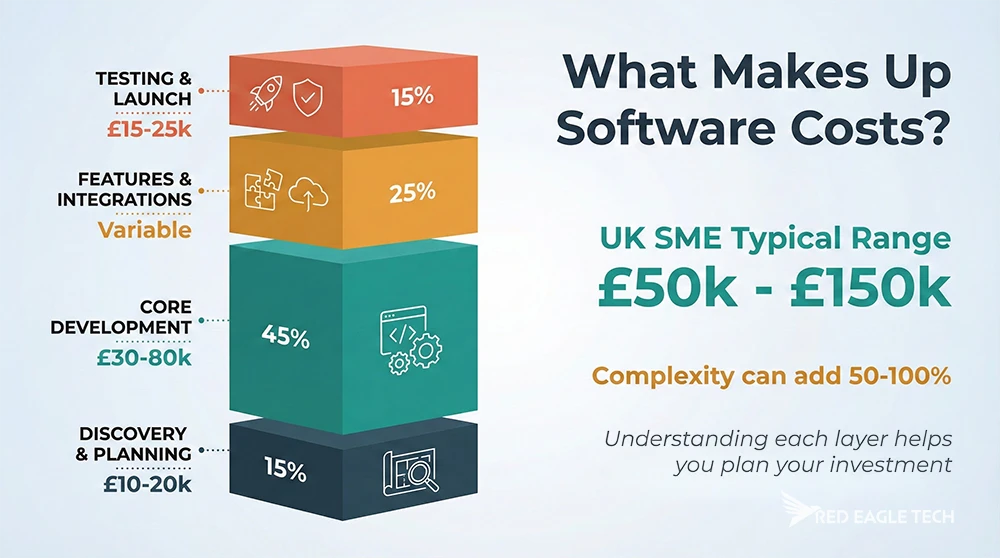 Infographic showing software cost components: Discovery and Planning (£10-20k), Core Development (£30-80k), Features and Integrations (variable), and Testing and Launch (£15-25k). UK SME typical range is £50k-£150k.